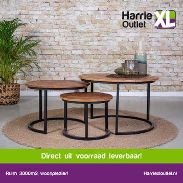 Salontafelset Isabella | 3 tafels | Mangohout OP VOORRAAD, 50 tot 100 cm, Rond, Nieuw, Industrieel