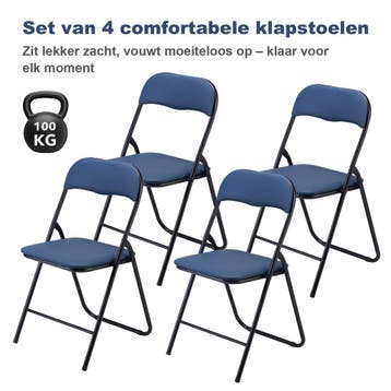 BARDI 4 Stuks Klapstoelen met Kussentjes 100KG - BLAUW, Huis en Inrichting, Stoelen, Kunststof, Blauw, Nieuw, Klapstoel met PVC Zitvlak en Rugleuning met Kussen