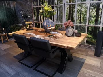 Boomstamtafel 200 × 100 cm met 4 stoelen – showroomset, Ophalen, Zo goed als nieuw, Industrieel, 4 tot 6 stoelen