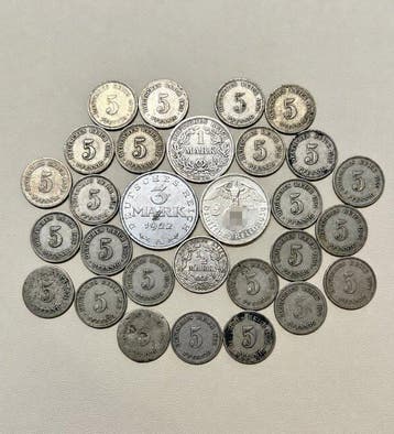 Duitsland. 25 x 5 Pfennig, 3 Mark, 2 Reichsmark, 1 Mark, ½