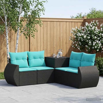 vidaXL Bankstel 5 st Zwart en Blauw Poly Rattan en Staal, Verzenden, Nieuw