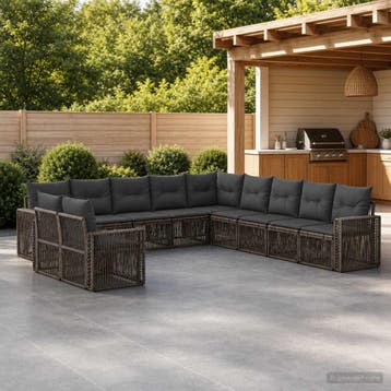 vidaXL Tuinbankenset 11 st Grijs en Donkergrijs poly rattan, Verzenden, Nieuw, Meer dan 8 zitplaatsen