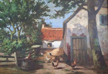 Anton Funke Kupper (1869-1955) - Boerderij met kippen, Antiek en Kunst
