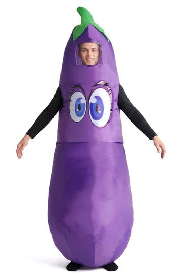 KIMU® Opblaas Kostuum Aubergine Pak Opblaasbaar Pak Aubergin, Carnaval, Nieuw, Overige maten, Ophalen of Verzenden