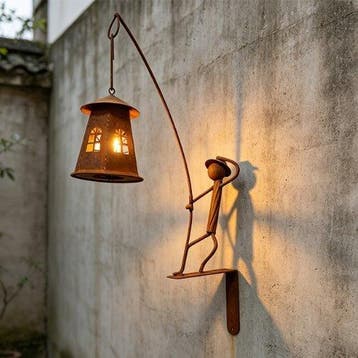 sculptuur, Vintage Metal Fisherman Wall Lantern – Handmade