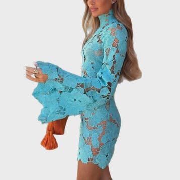 Women's 2026 High Neckline Lace Mini Dress Long Sleeve Loose, Verzenden, Nieuw