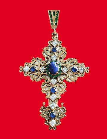 Kruis - Zilver - groene diopsiden, blauwe rhodonieten -