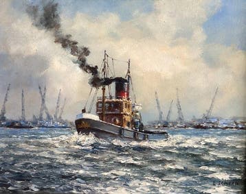 Leo Scheen (1935) - Havenzicht met sleepboot
