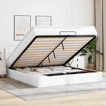 vidaXL Bed poef met matrassen en LEDs 160x200cm kunstleer, Overige materialen, Verzenden, Wit, 200 cm
