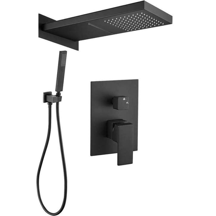 AKTIE: Luxe inbouw regendouche set mat zwart met muursteun, Doe-het-zelf en Verbouw, Sanitair, Douche, Nieuw, Chroom, Glas, Koper