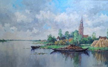 J.C. vd Heijden (1911 - 1992) - Rivier met een dorpsgezicht