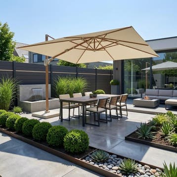 Challenger T2 premium parasol 300x300 cm teak champagne, Tuin en Terras, Ophalen of Verzenden, Nieuw
