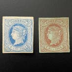 Spanje 1864 - Edifil Nr.63 en Nr.67. 2 kwartjes blauw en 1, Gestempeld