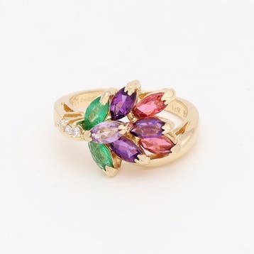 Ring - 14 karaat Geel goud, Smaragd, Kwarts, Amethist &, Nieuw
