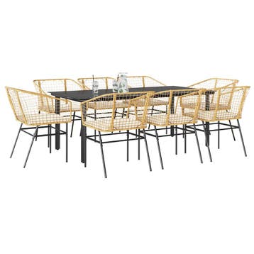 vidaXL 9-delige Tuinset met kussens poly rattan glas bruin, Nieuw, 8 zitplaatsen, Tuinset, Verzenden