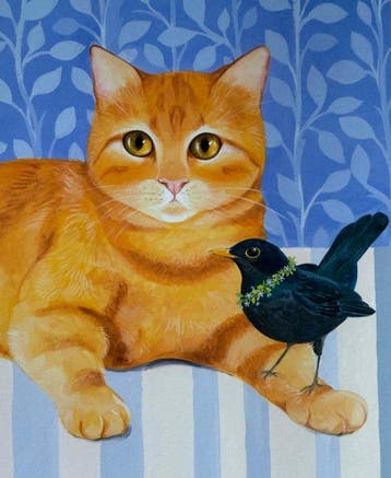 Isabelle Brent - “Ginger Cat and Blackbirds”. - 45 x 30 cm., Antiek en Kunst