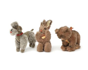 Drie pluche knuffels, Steiff, Duitsland, 20e eeuw, Gebruikt