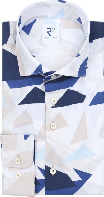 R2 Overhemd Geometrical Print Blauw maat 45 Heren, Verzenden, Nieuw, Blauw, R2 Amsterdam