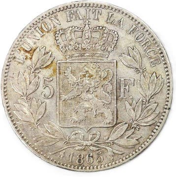 België. Leopold I. 5 Francs 1865 – Dot after F – Scarce