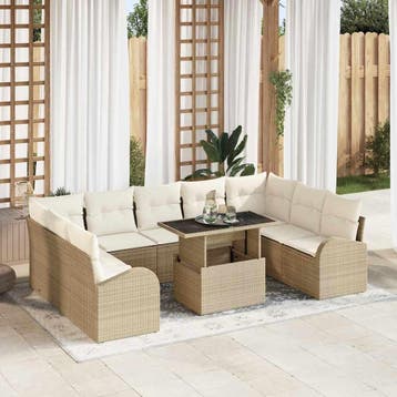 vidaXL Tuin Sofa Set 10 st Beige Poly riet, Verzenden, Nieuw, Rotan, Meer dan 8 zitplaatsen