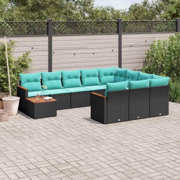 vidaXL 11-delige tuinbankset met kussens, zwart polyrotan, Verzenden, Nieuw