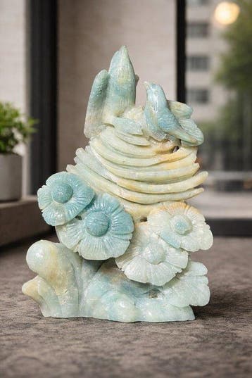 Amazoniet Liefdesvogels en Bloemen Snijwerk - handgemaakt -