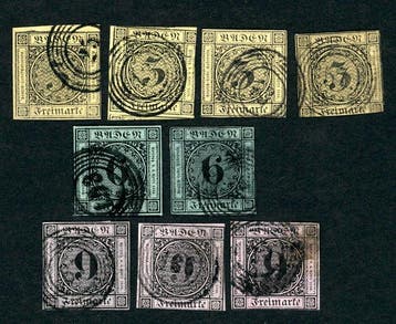 Baden 1851 - Gestempelde partij met 3 Kr., 6 Kr. en 9 Kr.,, Gestempeld