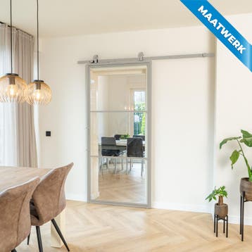 Stalen Schuifdeur Kiezelgrijs 3 Vlaks Maatwerk Helder glas, Doe-het-zelf en Verbouw, Kozijnen en Schuifpuien, Nieuw, Metaal, Inclusief glas