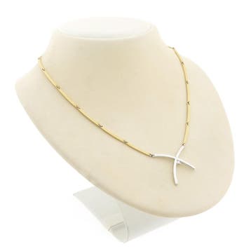 Bicolor gouden staafjes collier met vaste hanger en diamant, Sieraden, Tassen en Uiterlijk, Gebruikt, Ophalen of Verzenden, Met edelsteen