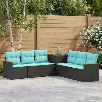 vidaXL Bankstel 7 st Zwart en Blauw Poly Rattan en Staal, Verzenden, Nieuw