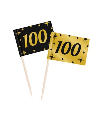 Classy Cocktail Prikkers 100 Jaar Zwart/Goud (50st), Ophalen of Verzenden, Nieuw