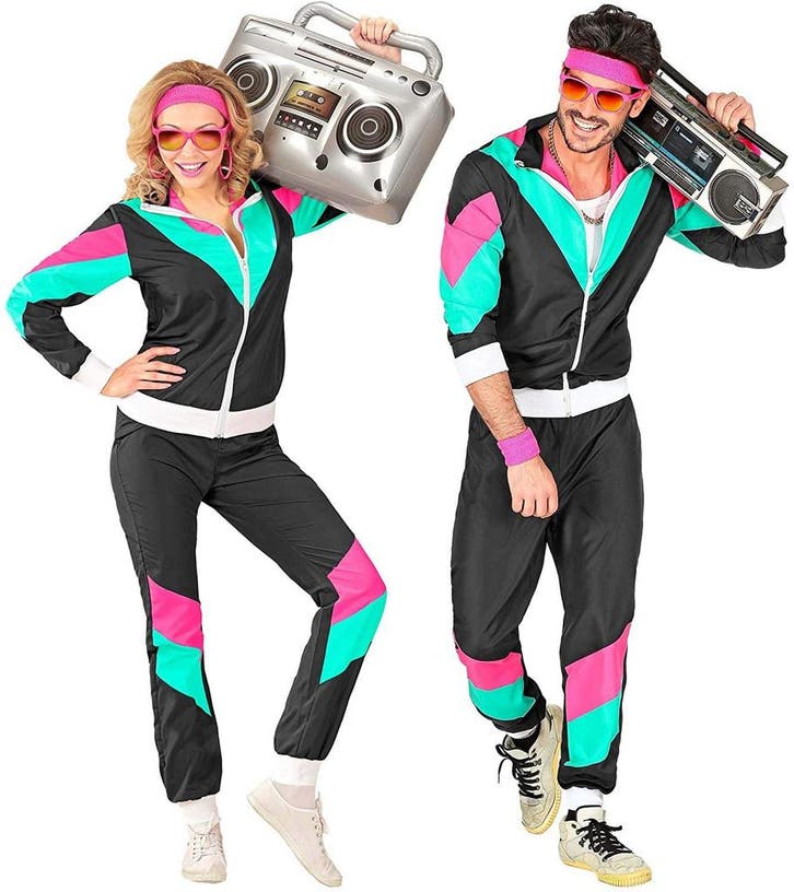 Jaren 80 Trainingspak Zwart Roze Groen - XL, Kleding | Dames, Carnavalskleding en Feestkleding, Verzenden