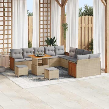 vidaXL Tuinbankenset 17 pcs Beige en Licht Grijs poly rattan, Verzenden, Nieuw, Rotan, 7 zitplaatsen