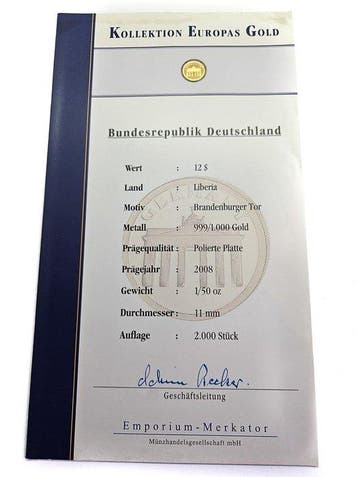 Liberia. 12 Dollars 2008 - Brandenburger Tor - 1/50 Oz.