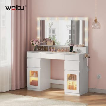 WOLTU Kaptafel met 3-delige spiegel, 10 LED-lampjes en laads, Verzenden, Nieuw