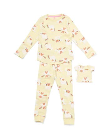 HEMA Kinderpyjama rib eenhoorn met poppenpyjama geel, Verzenden, Nieuw