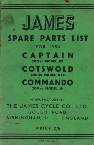 1954 James Spare Parts List - Captain - Cotswold - Commando, Verzenden, Overige merken
