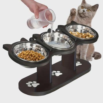 Verhoogde Kattenvoerbak met Houten Standaard & 3 RVS Bakjes, Verzenden, Nieuw