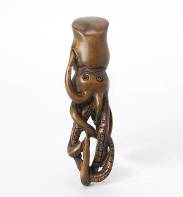Fijn antiek Japans houten netsuke – inktvis - Hout, Bukshout
