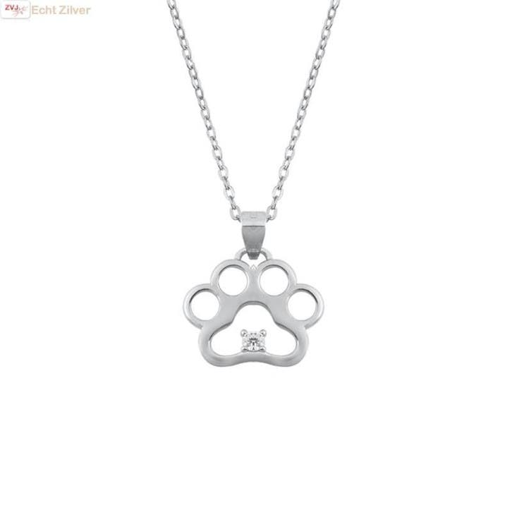 Zilveren collier pootafdruk witte zirkoon, Sieraden, Tassen en Uiterlijk, Kettingen, Nieuw, Verzenden