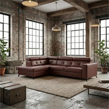 Leren hoekbank Nova - 2.5-zits arm rechts + Longchair arm, 250 tot 300 cm, Bohemian, Industrieel, Modern, Scandinavisch, Hoekbank