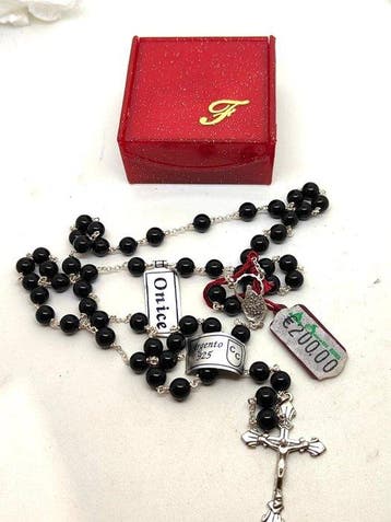 Rozenkrans - Zeldzame rozenkrans van zilver 925 met onyx,, Antiek en Kunst