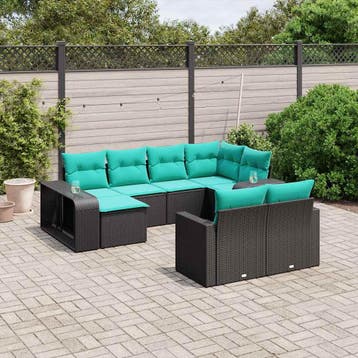 vidaXL 10-delige tuinbankset met kussens van zwart polyrotan, Verzenden, Nieuw, Meer dan 8 zitplaatsen