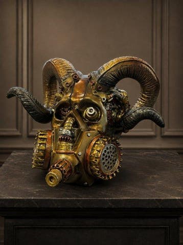sculptuur, Steampunk Ram Skull – Mechanisch Gasmasker met