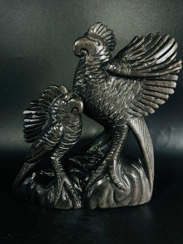 Zwarte obsidiaan papegaai-koppel beeldhouwwerk – Met de hand