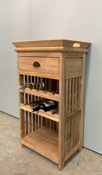 Wijnrek van teakhout met los dienblad / gelijk mee te nemen, Huis en Inrichting, Woonaccessoires | Wijnrekken, Nieuw, Hout, 75 cm of meer
