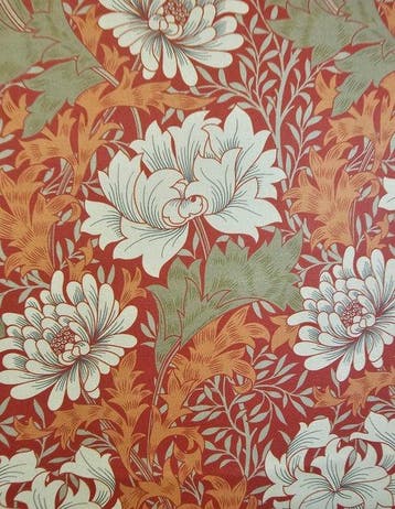 Stof van William Morris Chrysanthemum met rode achtergrond