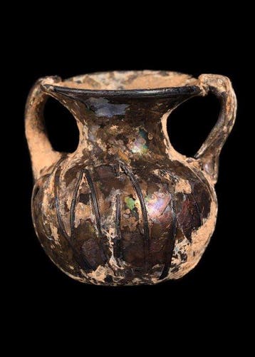Oud-Romeins Glas Iridescerende pot met trailing decoratie en, Antiek en Kunst
