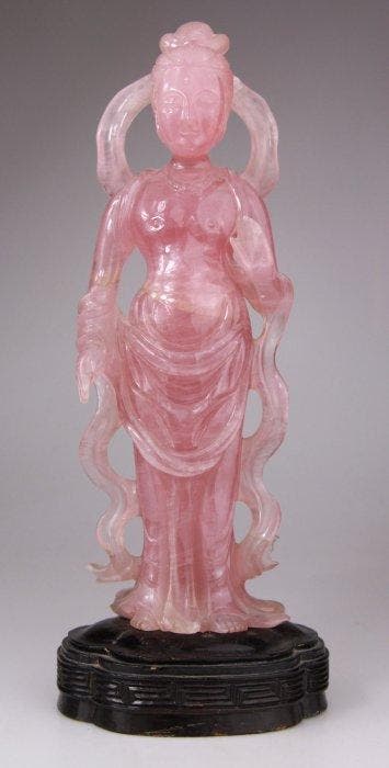 Chinese Carved Quartz Rose Sculpture Statue Kwanyin Lady, Antiek en Kunst