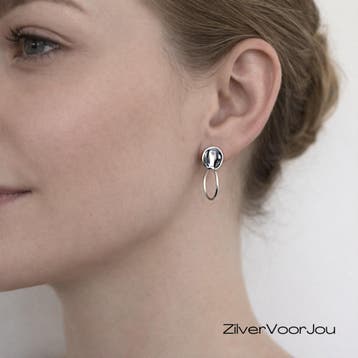 Zilveren cirkel disc oorsteker met ringetje, Verzenden, Nieuw, Zilver